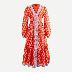 J. Crew: Long sleeve, block print orange boho midi dress M